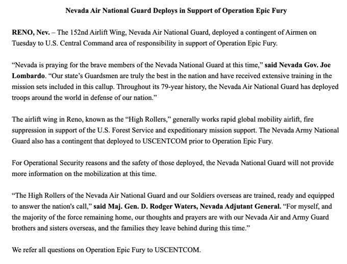 Гвардия Невады перебрасывает авиацию в зону Центрального командования