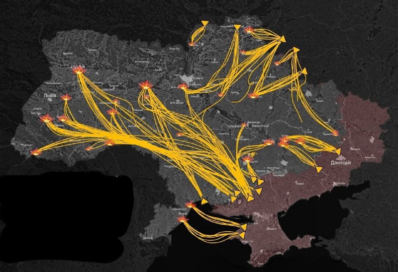 Схема ночных ударов ВС РФ БПЛА «Герань-2» по целям на Украине