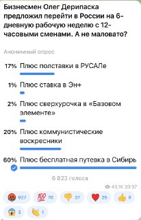 Коц: подписчики предлагают Дерипаске добавить бесплатные путевки в Сибирь